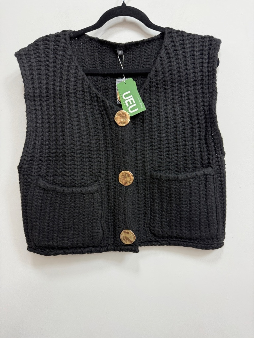UE Black Knit Vest with Gold Accent Buttons